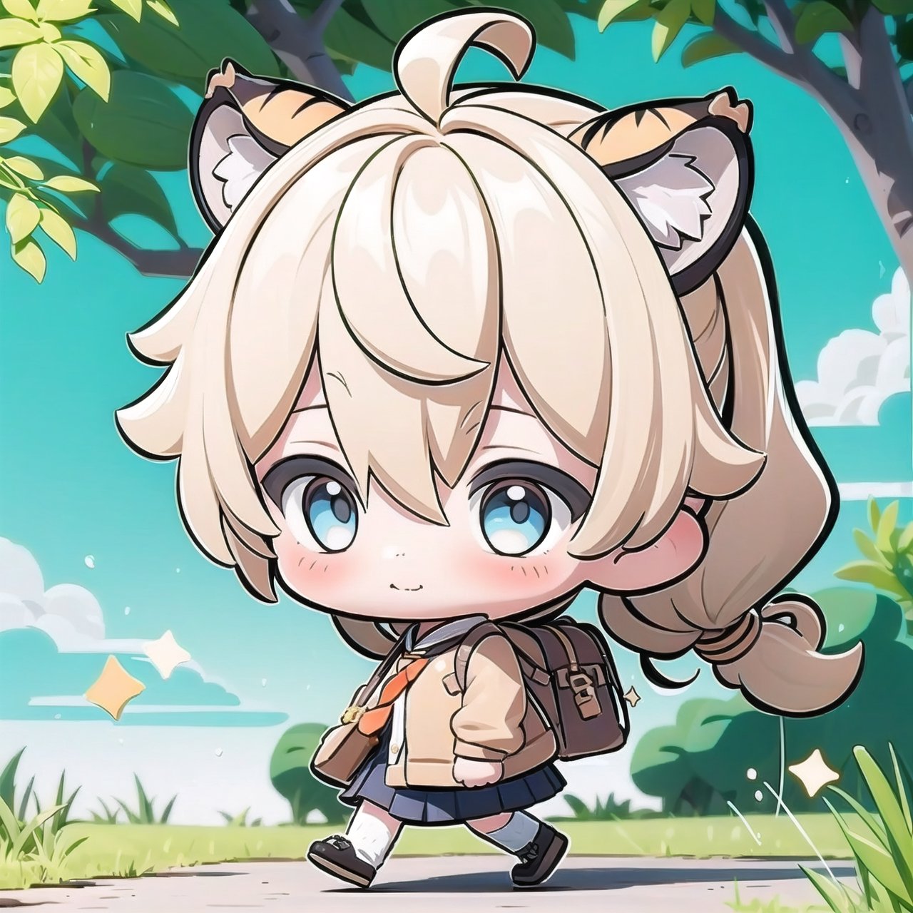 (Masterpiece), 1girl, on the way to school, carrying a schoolbag, chibi, character sheet, blond hair, blue eyes, long hair, tiger-orange ears, chibi