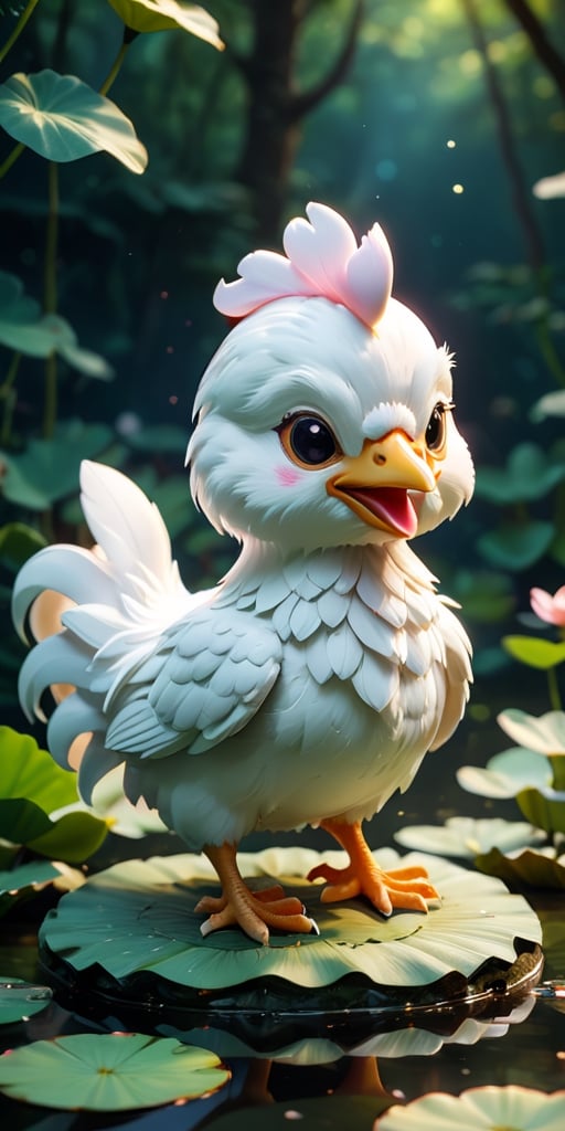 close up angle of ((cut toy),(3d white chicken)) surrounded by forest, Lotus pond, animal, detailed focus, deep bokeh, beautiful, , dark cosmic background. Visually delightful , 3D,more detail XL,chibi,