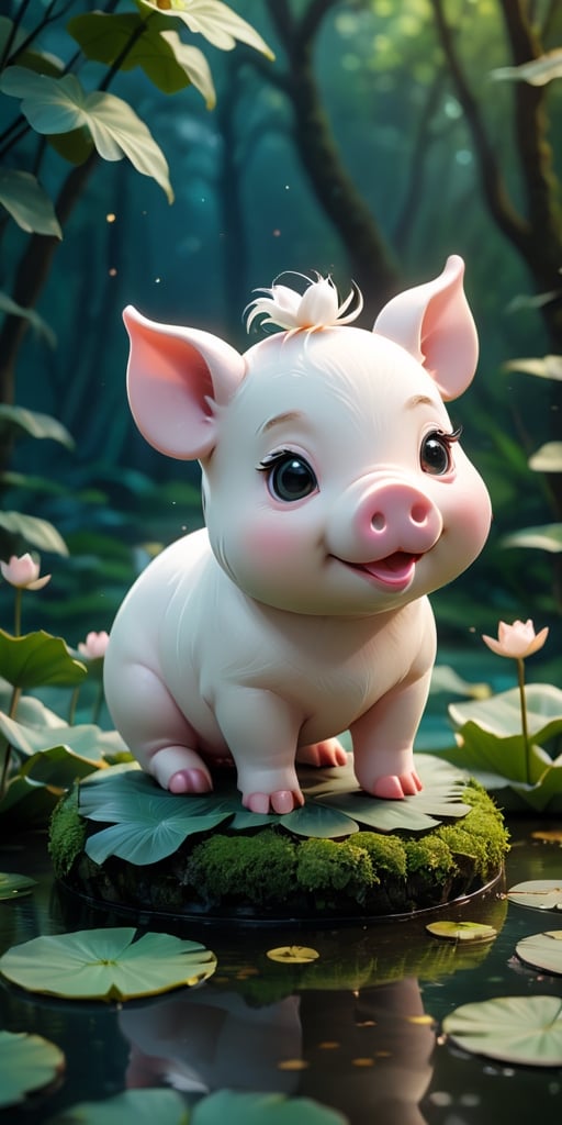 close up angle of ((cut toy),(3d white pig)) surrounded by forest, Lotus pond, animal, detailed focus, deep bokeh, beautiful, , dark cosmic background. Visually delightful , 3D,more detail XL,chibi,