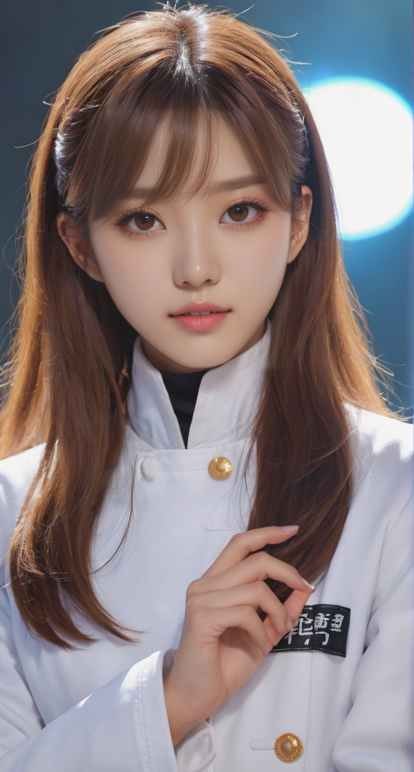 (Realistic, Photorealistic: 1.37), labcoat, white coat, K-Pop idol, ((highest quality)), ((intricate details)), ((surrealistic)), absurd resolution, 18 years old, young , chinese woman, point view, highly detailed illustration,  little breasted, perfect hands, detailed fingers, beautifully detailed eyes, medium long hair, brown eyes, (turtleneck: 1.2), tight skirt, Detailed background, choker, perfect eyes, enchanting eyes, looking. Viewed from the front