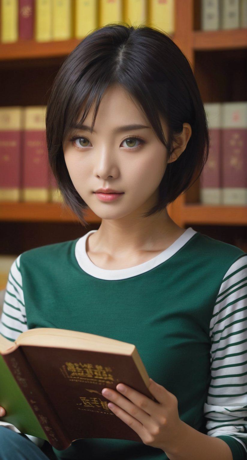 ((Top quality)), ((Masterpiece)), chinese Girl with neat hair, ((Full body photo,)) Green horizontal striped T-shirt, Beautiful eyes, (Brown eyes), Short black hair, Complex details, Very detailed eyes, Small mouth, medium chest, movie image, soft lighting, perfect face, provocative posture, super charm, wearing a dark brown suit, sitting on a chair in the library reading a book,