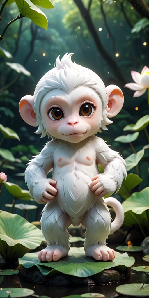 close up angle of ((cut toy),(3d white monkey)) surrounded by forest, Lotus pond, animal, detailed focus, deep bokeh, beautiful, , dark cosmic background. Visually delightful , 3D,more detail XL,chibi,