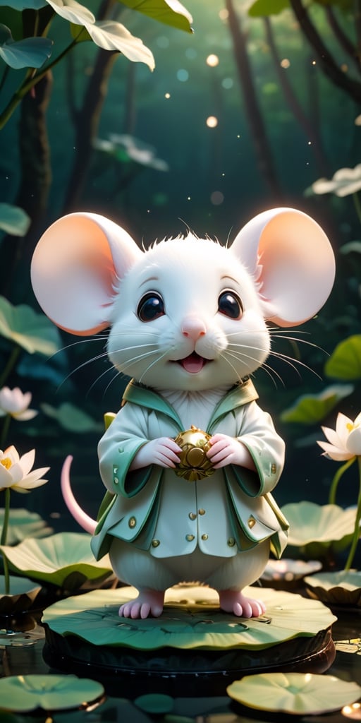 close up angle of ((cut toy),(3d white mouse)) surrounded by forest, Lotus pond, animal, detailed focus, deep bokeh, beautiful, , dark cosmic background. Visually delightful , 3D,more detail XL,chibi,