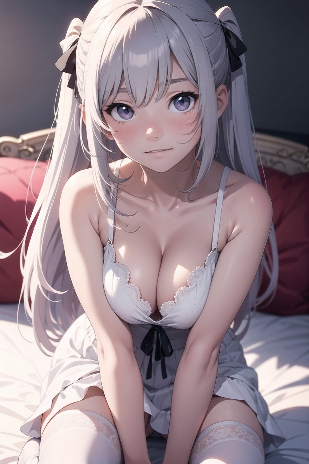anime - style image of a woman in a white dress laying on a bed, 8K high quality detailed art, loli in dress, cute anime waifu in a nice dress, seductive anime girls, anime barbie in white stockings, Guweiz in Pixiv ArtStation, Guweiz on ArtStation Pixiv, small curvaceous loli, beautiful anime girl crouching,huge tit,blush,