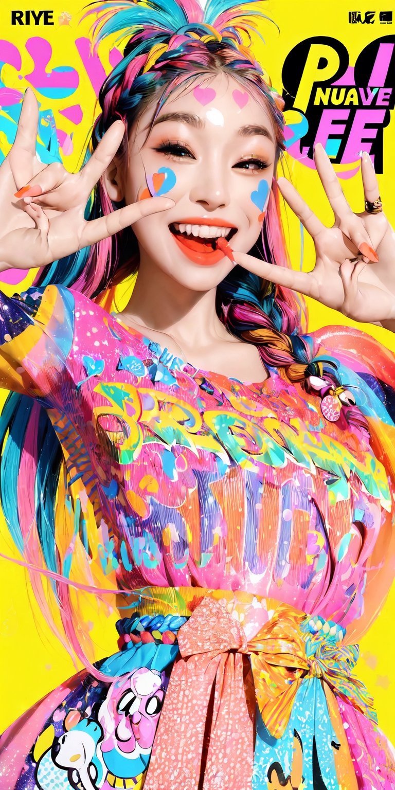 girl, detailed background, pop art, decora art style, doodle art, playful, (dress, fancy accessories), long hair,(braided hair), (navel), straight hair, (laughing, open mouth), accessories, stickers, , lam \(ramdayo\), , ,, magazine cover, text, LOVE