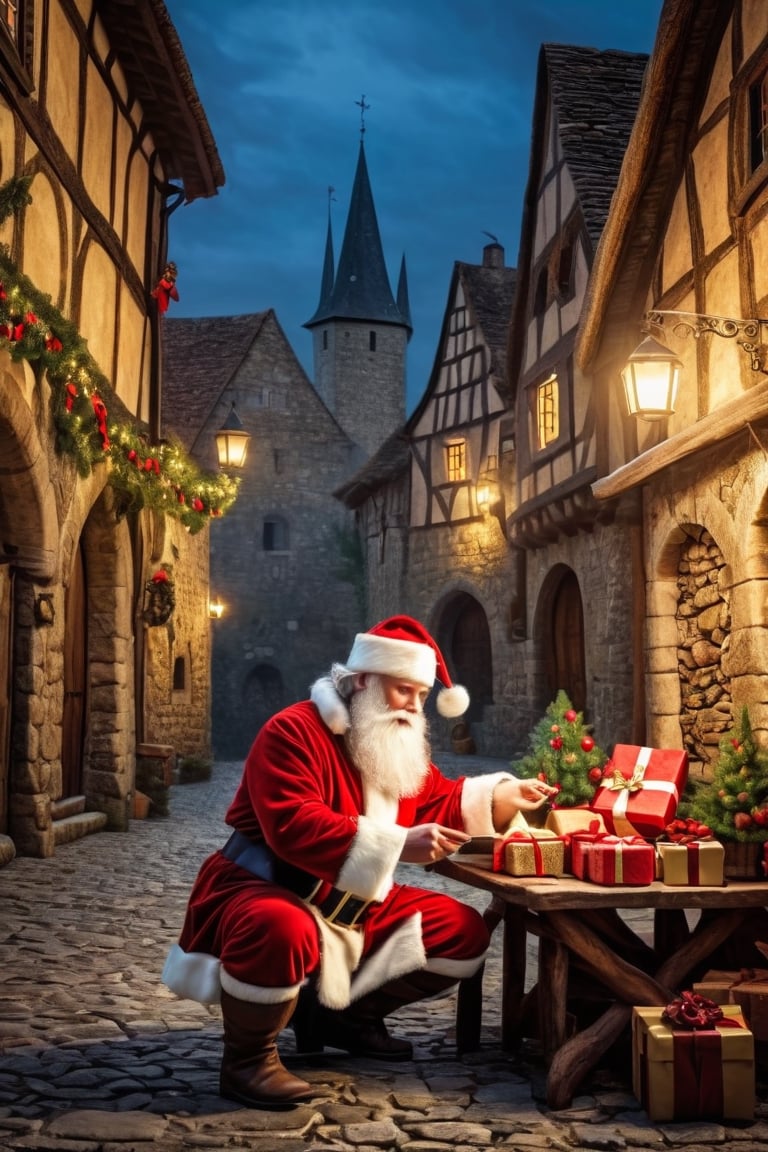 (best quality), (4k resolution), creative illustration of a cute santa claus preparing gift at medieval era, ((medieval city:1.2)) , europe vibes