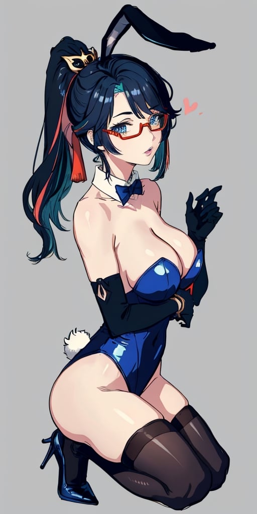 absurdres, highres, ultra detailed, manhwa style, (lewd), 1girl navel exposed,, (mature female), cloud retainer \(genshin impact\), , black hair, [blue hair], two-tone hair, multicolored hair, long hair, ponytail, bangs, blue eyes, lips, semi-rimless eyewear, hair ornament, alternate costume, bunny outfit, playboy bunny, (rabbit ears, fake animal ears), cleavage, bare shoulders, detached collar, large breasts, highleg, highleg leotard, strapless leotard, black gloves, black thighhighs, thighs, high heels, (full body), looking at viewer, (seiza), sitting, from side, grey background, sketch, ,xianyun
