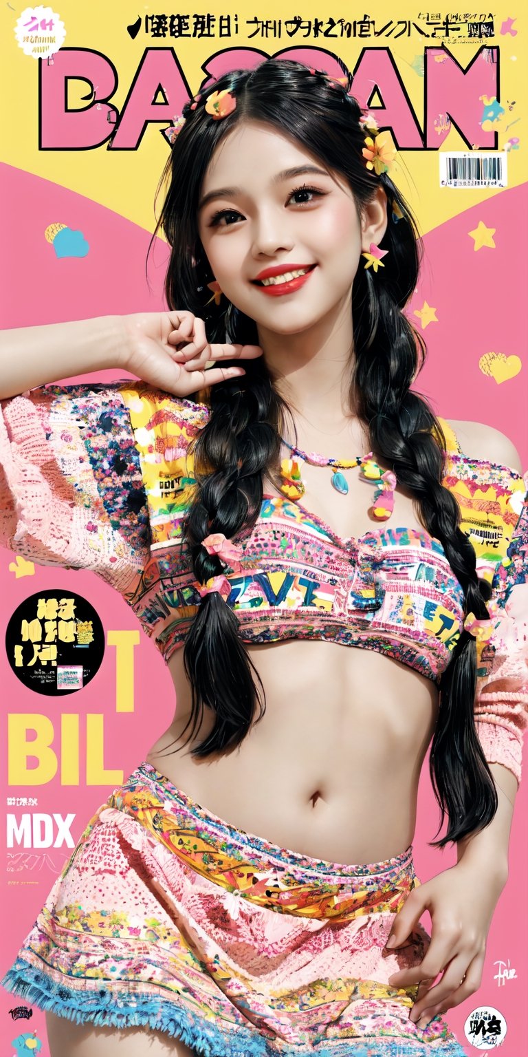 girl, detailed background, pop art, decora art style, doodle art, playful, (dress, fancy accessories), long hair,(braided hair), (navel), straight hair, smile, blush, cute, accessories, stickers, , lam \(ramdayo\), , ,, magazine cover, text, LOVE