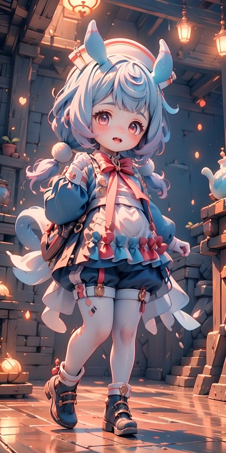 best quality, masterpiece, beautiful and aesthetic, , vibrant color, (blue tail), sigewinne, twintails, low twintails, tail, green shirt, white collar, collared shirt, puffy sleeves, long sleeves, white gloves, nurse cap, white apron, red bowtie, winged waist bow, white waist bow, red bow on apron, blue bow on apron, black shorts, white thighhighs, shoes, black footwear, heart-shaped bag, Exquisite details and textures,  Warm tone, ultra realistic illustration,	(cute girl, 6year old:1.5), (perfect hand),	(Princess theme:1.4),	cute eyes, big eyes,	(a surprised look:1.3),	cinematic lighting, ambient lighting, sidelighting, cinematic shot,	siena natural ratio, children's body, anime style, 	(random view:1.4), (random poses:1.4), 	very long Straight blonde hair with blunt bangs,	wearing a cat hood, shorts, white turtleneck,	ultra hd, realistic, vivid colors, highly detailed, UHD drawing, perfect composition, beautiful detailed intricate insanely detailed octane render trending on artstation, 8k artistic photography, photorealistic concept art, soft natural volumetric cinematic perfect light