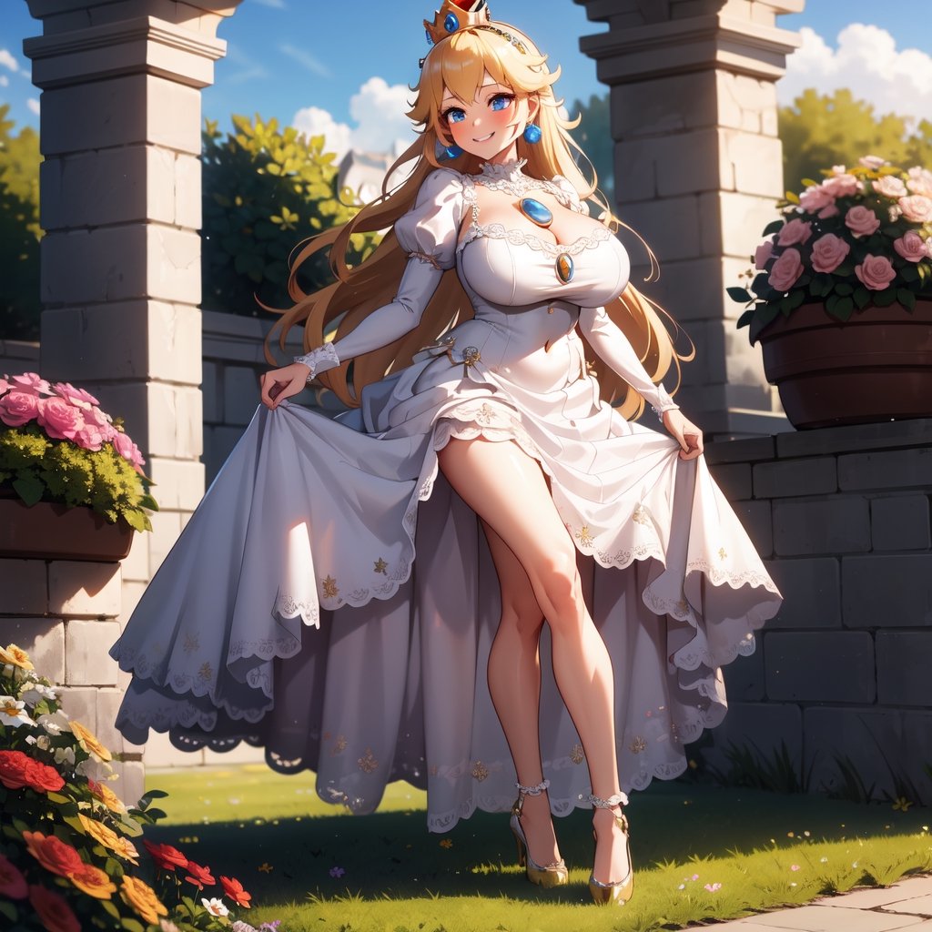 1girl, solo, masterpiece, best quality, colorful, ultrahighres, garden, flower,

full body, earrings,     

huge breast, very long hair,  

lacetrimmed legwear, frilled sleeves, crew neck, brooch, tiaras, stiletto heels, 

blush, seductive_smile,

WEDDING_DRESS, Peach_SMP, Boosette_Mario,voldress