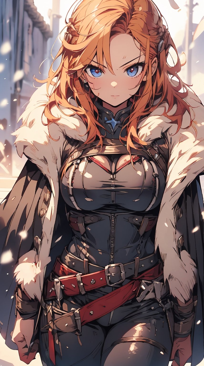 busty and sexy girl, 1girl, 16 yo girl, red & blonde mixed long hair, leather armor, leather long pants, fur cloak, (sexyposture), 8k, masterpiece, ultra-realistic, best quality, high resolution, high definition,breakdomain,viking