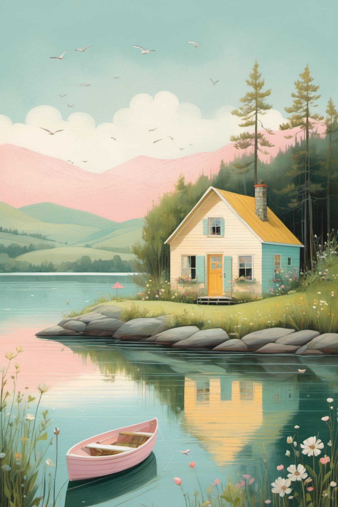 summer at the lake, perfect detailing, natural morning light

intricate details, mellow, pastel hues, romantic, shabby-chic, artwork by oliver jeffers, jane newland   