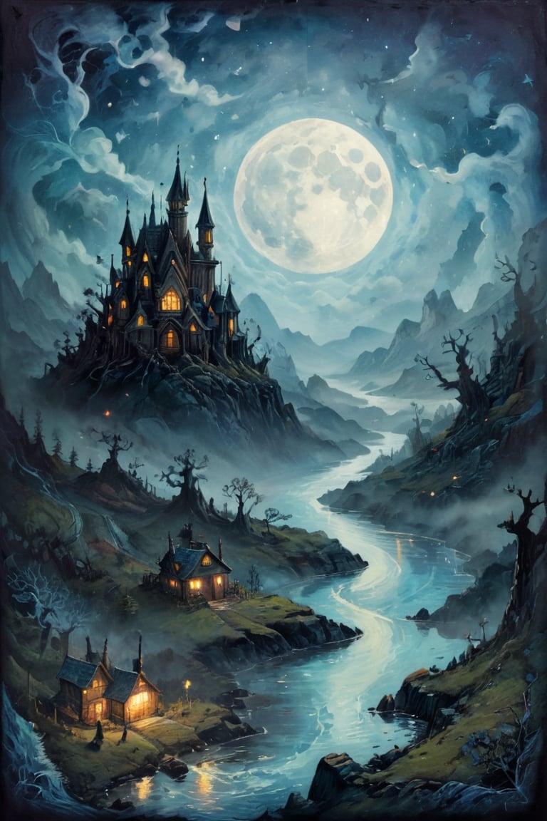 Lost land of otherworldly dreams, fantasy, magic, ink, acrylic, double exposure, mythological, best quality, night, moon, fog, gloomy, Van Gogh, Craola, Dan Mumford, Andy Kehoe, Miyazaki, patchwork, 2d, flat, cute, adorable, vintage, art on a cracked paper, ,  . storybook detailed illustration, cinematic, ultra highly detailed, tiny details, beautiful details, mystical, luminism, vibrant colors, complex background