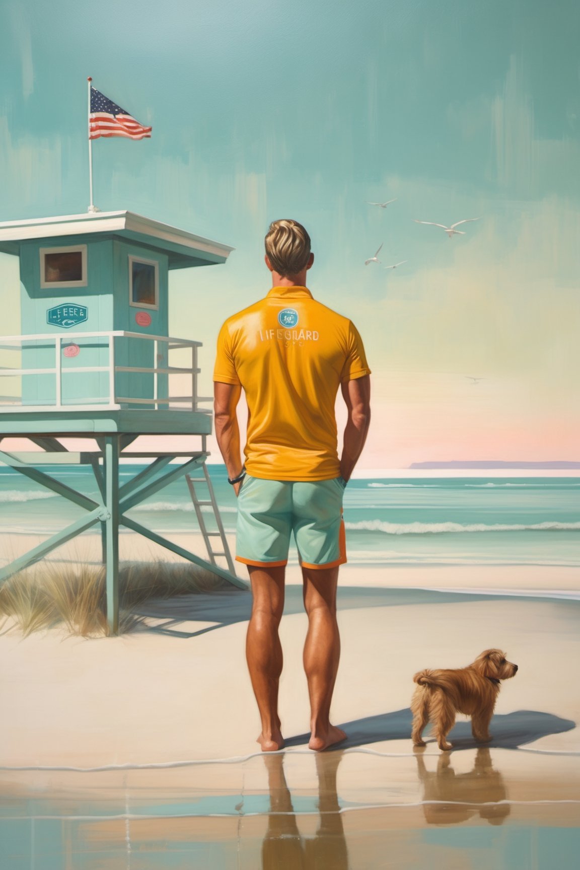 painting of my favorite handsome lifeguard, powerful detailing, in the background there is natural morning light 
intricate details, hazy, mellow, pastel hues, romantic, shabby-chic, artwork by oliver jeffers, jane newland   