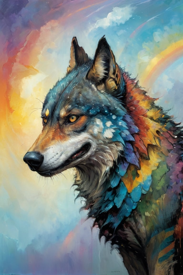 Art by Van Gogh, 

Craola, 

Andy Kehoe Art by Craola, 

Dorian Vallejo, 

Damian Lechoszest, 

Todd Lockwood.luis royo, 

pastel colors. Extreme dynamic Close angle. Background with horizontal stripes of multiple colors. Profile of a wolf, 

with short Rainbow facing the camera.