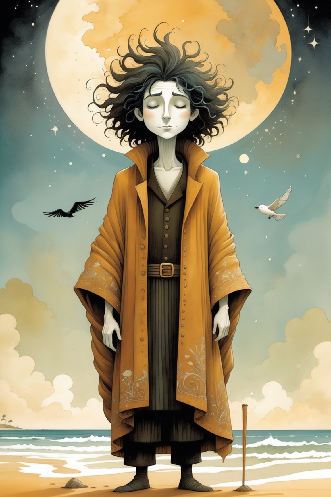 Sandman character from Neil Gaiman graphic novels,

perfect detailing, intricate details, mellow, muted hues, romantic, shabby-chic, dreamy artwork by oliver jeffers & jane newland   
