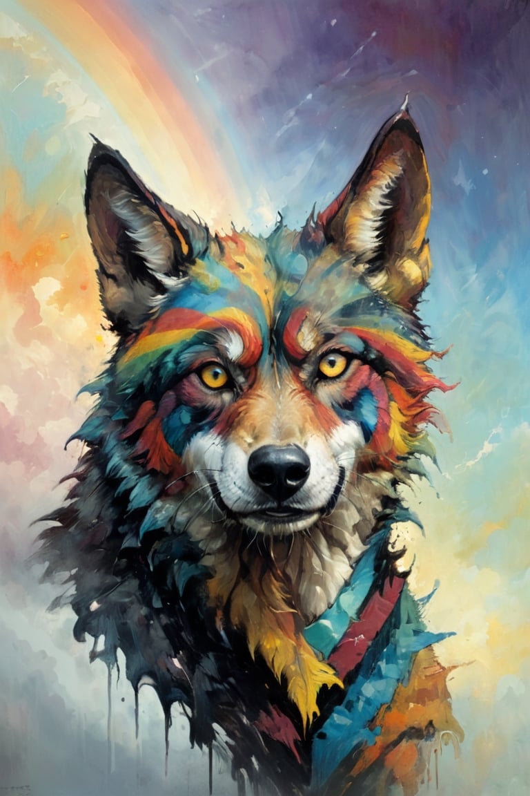 Art by Van Gogh, 

Craola, 

Andy Kehoe Art by Craola, 

Dorian Vallejo, 

Damian Lechoszest, 

Todd Lockwood.luis royo, 

pastel colors. Extreme dynamic Close angle. Background with horizontal stripes of multiple colors. Profile of a wolf, 

with short Rainbow facing the camera.
