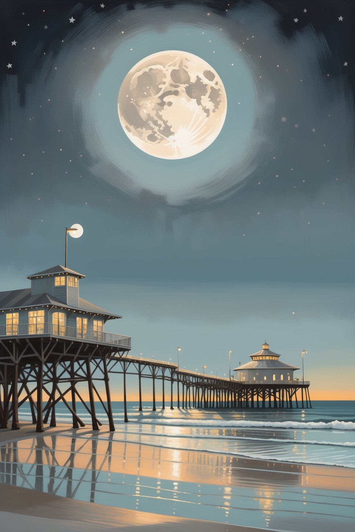 Silver moonlight over santa monica pier,

perfect detailing, intricate details, mellow, muted hues, romantic, shabby-chic, dreamy artwork by oliver jeffers & jane newland  