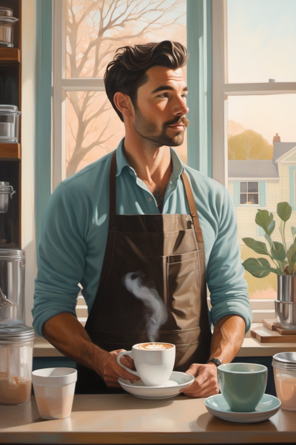 painting of my favorite handsome barista with dark hair, powerful detailing, in the background there is natural morning light from a window, 

intricate details, hazy, mellow, pastel hues, romantic, shabby-chic, artwork by oliver jeffers, jane newland   