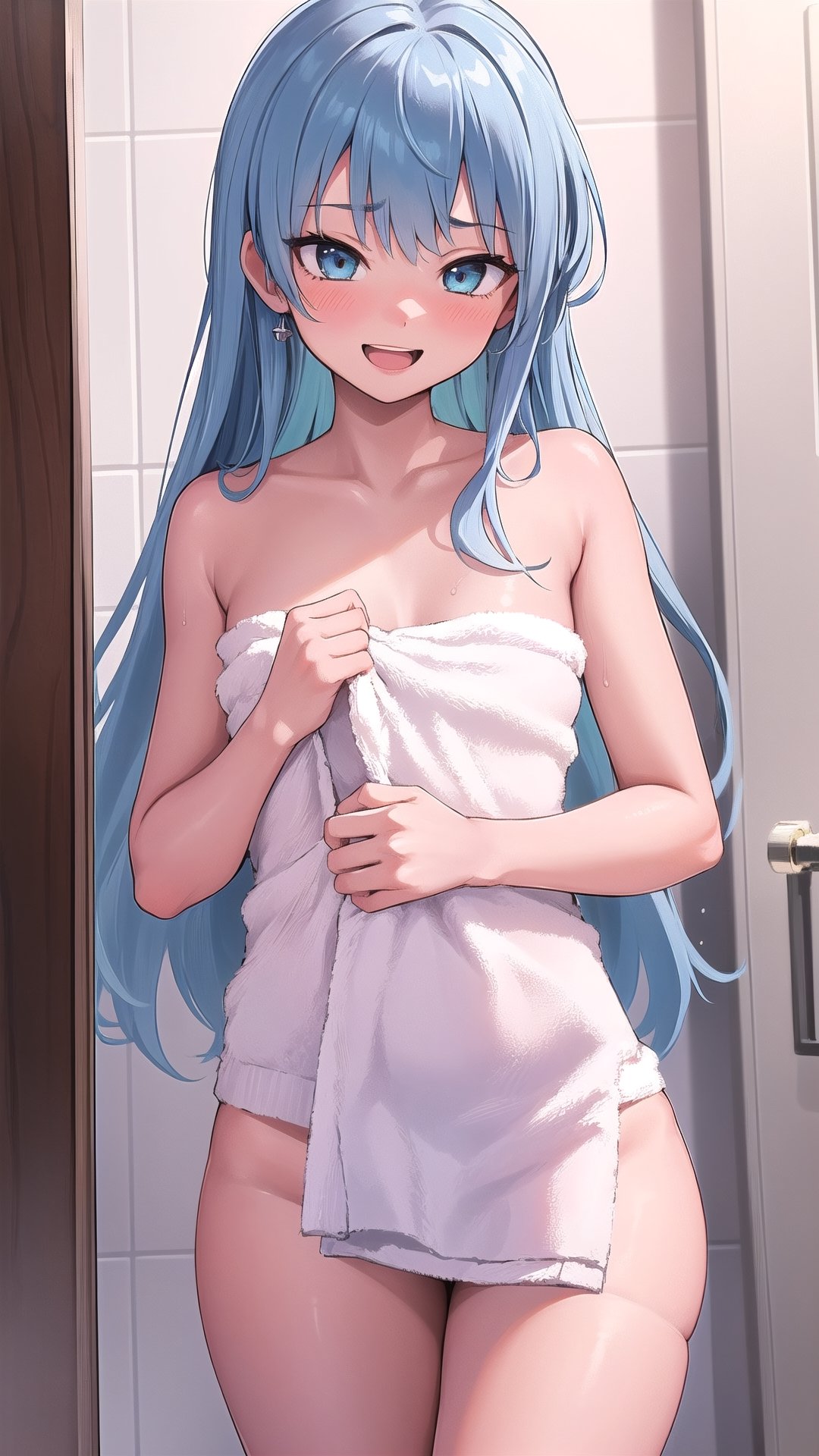 1girl, blue long hair,
high_school_girl,  Happy shy face , washroom , disheveled, aaasuna, :) , sexy  , naked towel,,1girl,READ THE DESCRIPTION