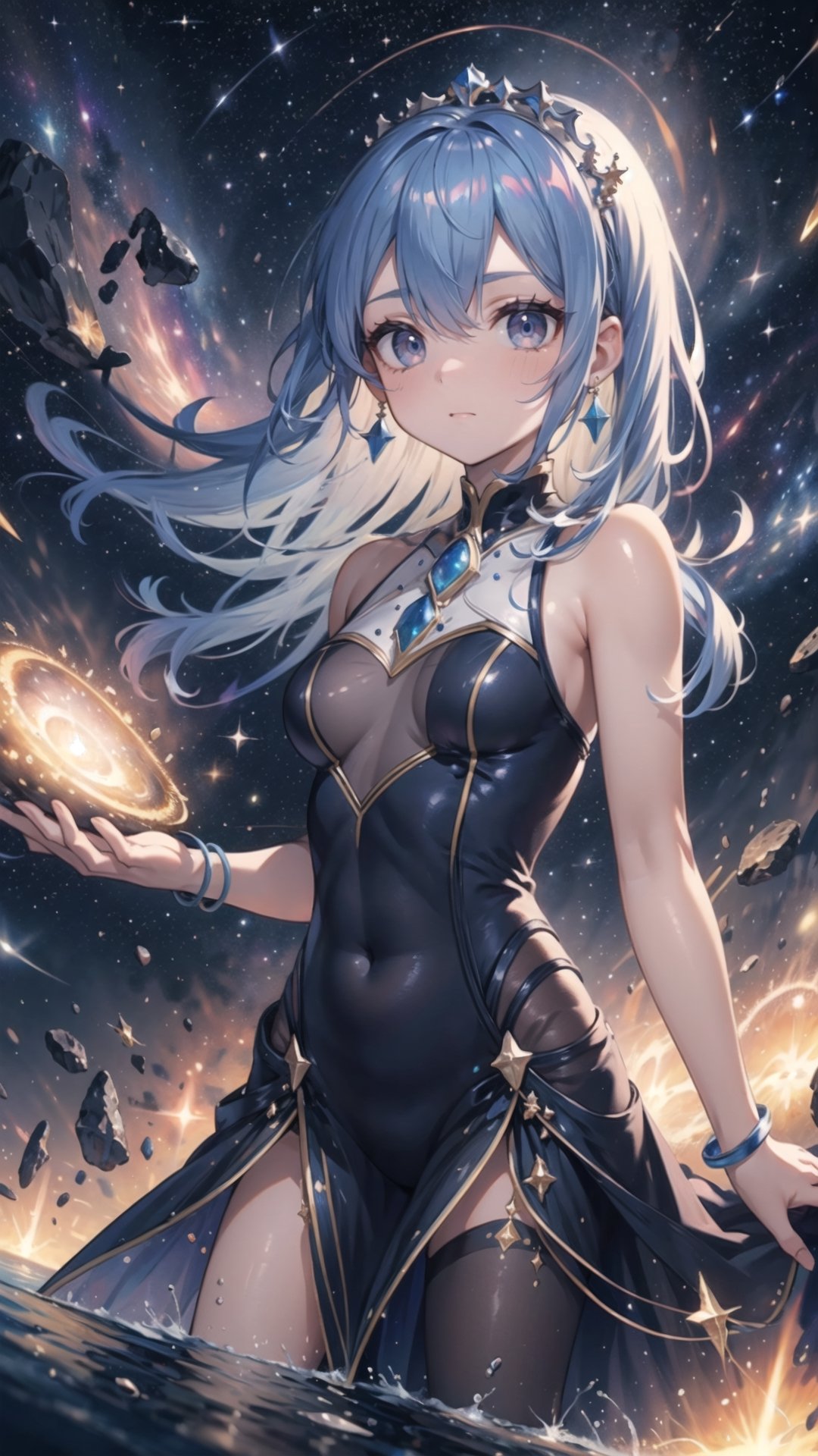 (masterpiece, best quality:1.3), (8k wallpaper), (detailed beautiful face and eyes), (detailed illustration), (super fine illustration), (vibrant colors), (professional lighting), a young girl floats gracefully, embodying the essence of celestial wandering. She navigates among the stars, surrounded by a dance of constellations and sparkling galaxies, her eyes reflecting the serenity of the cosmos. Adorned with a tiara of orbiting asteroids, she symbolizes a profound connection to the vast, mysterious universe.,High detailed ,Color magic,Saturated colors,READ THE DESCRIPTION