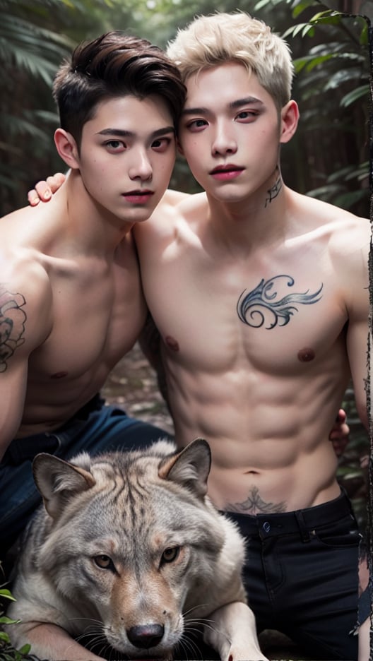 2 Boys albinos de 16 años hermosos delgados, cabellos mediano ondulados, con tatuajes de lobo en el pecho, en el bosque 