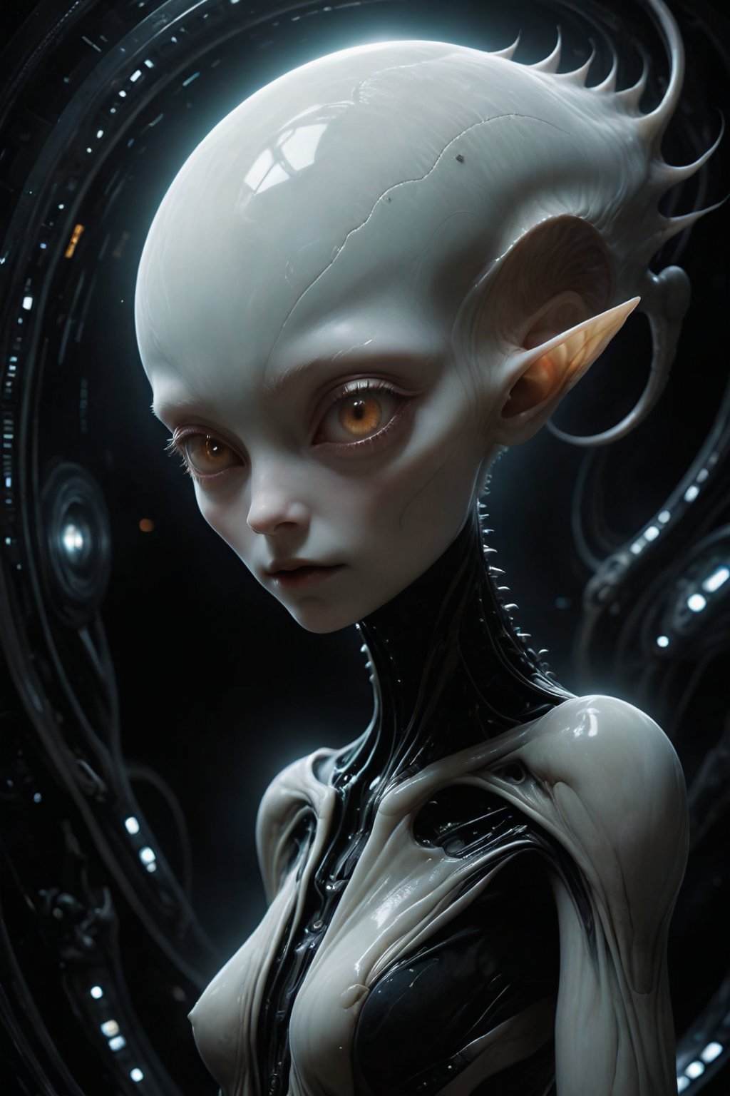 beautiful seductive female, half alien half human, pale albino skin, pixie hair, on board of an alien UFO, cinematic, detailed, hyperrealistic, alien technology, futuristic setting, glowing light effects, digital painting, character design by Craig Mullins and H.R. Giger, 4k resolution, octane render,Realistic
