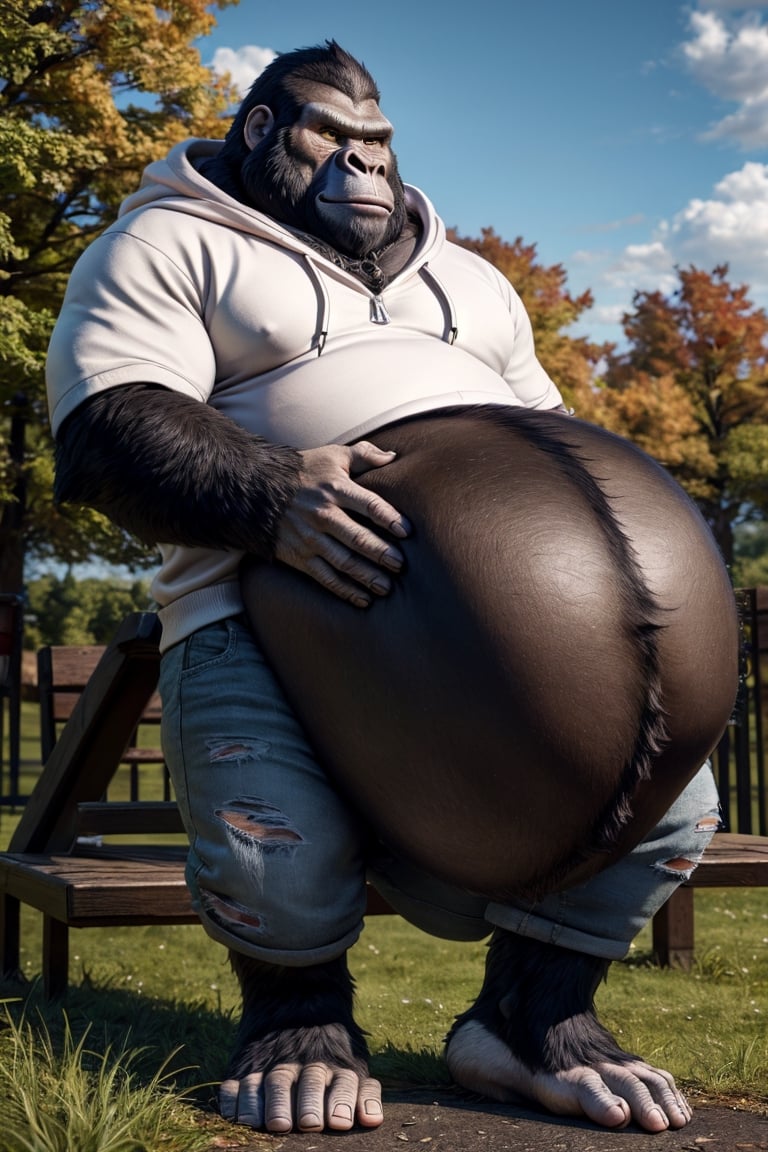 by personalami, by hioshiru, by zackary911, by null-ghost), 4k, male, anthro_silverback gorrila, ape, fat body, park, day, clothed, hoodie, white t-shirt under the hoodie, bottom wear, pants, standing, bara, yellow pupils, (fat: 2.6),(body size: 1.0) soft body, (correct anatomy:)7.5, vore, Big belly,( vore belly size:6.2), detailed belly, a person in his belly, (detailed clothing), natural lighting, best quality, gorilla, big belly, big pecs, vore, kids in his belly, best quality, person in belly, readable text, Furry Realistic, plantigrade,  opposable toes feet, there must be a person squirming around inside his belly, a person squirming in his belly, vore, 1prey, maw , 1prey inside his belly, well lit subject, person getting pined by his belly,