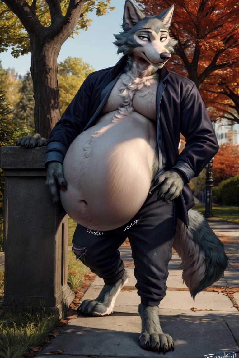 by personalami, by hioshiru, by zackary911, by null-ghost), male, anthro_wolf, solo, legoshi_(beastars), fat body, park, standing, clothed, open_blazer, bottom wear, short pants, safe, standing, bara, claws, black pupils, (fat:2.6), soft body, (correct anatomy:)7.0, vore, Big belly,( vore belly size:5.5), detailed belly, a person in his belly, (detailed clothing), natural lighting, best quality, legoshi, big belly, big pecs, vore, kids in legoshi's belly, best quality,person in belly