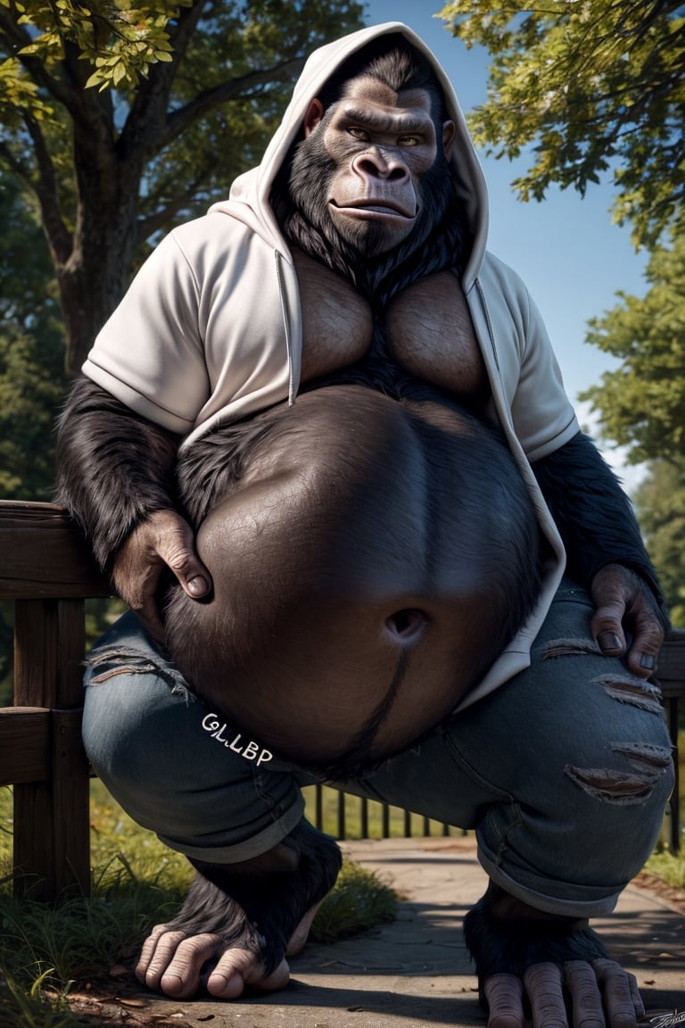 by personalami, by hioshiru, by zackary911, by null-ghost), ((Solo)), 4k, male, anthro_silverback gorrila, ape, fat body, park, day, clothed, hoodie, white t-shirt under the hoodie, bottom wear, pants, standing, bara, yellow pupils, (fat: 2.6),(body size: 1.0) soft body, (correct anatomy:)7.5, vore, Big belly,( vore belly size:6.2), detailed belly, a person in his belly, (detailed clothing), natural lighting, best quality, gorilla, big belly, big pecs, vore, kids in his belly, best quality, person in belly, readable text, Furry Realistic, plantigrade,  opposable toes feet, there must be a person squirming around inside his belly, a person squirming in his belly, vore, 1prey, maw , 1prey inside his belly, well lit subject,