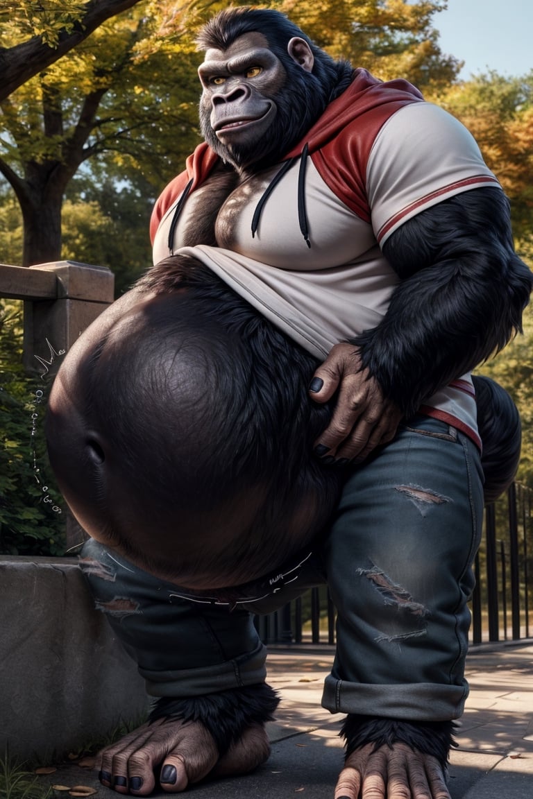 by personalami, by hioshiru, by zackary911, by null-ghost), ((Solo)), 4k, male, anthro_silverback gorrila, ape, fat body, park, day, clothed, hoodie, white t-shirt under the hoodie, bottom wear, pants, standing, bara, yellow pupils, (fat: 2.6),(body size: 1.0) soft body, (correct anatomy:)7.5, vore, Big belly,( vore belly size:6.2), detailed belly, a person in his belly, (detailed clothing), natural lighting, best quality, gorilla, big belly, big pecs, vore, kids in his belly, best quality, person in belly, readable text, Furry Realistic, plantigrade,  opposable toes feet, there must be a person squirming around inside his belly, a person squirming in his belly, vore, 1prey, maw , 1prey inside his belly, well lit subject,