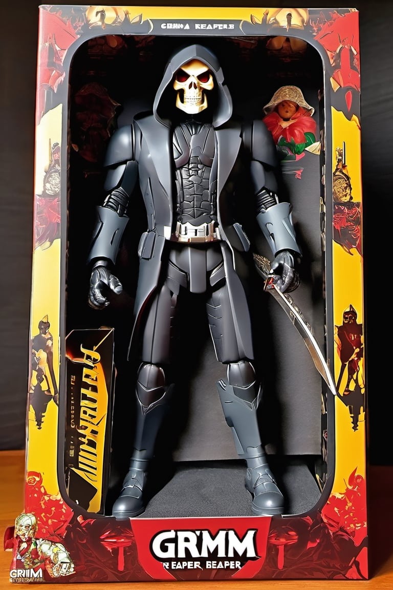 (Grimm reaper:2),(8k, ultra quality, masterpiece:1.5), (Dutch angle:1.3), ActionFigureQuiron style,action figure box, solo, focus,  bodysuit, superhero,box,action figure, toy, doll, character print, (best quality:1.15), (detailed:1.15), (realistic:1.2), (intricate:1.4),  cover page, card, in a gift box, no humans,  gift box, playset, in a box, full body, toy playset pack, in a gift box, premium playset toy box