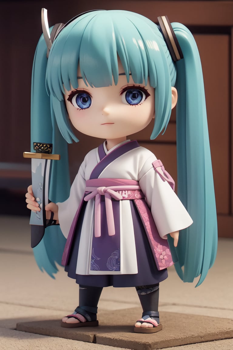 ((1 female)), Hatsune Miku, petite girl, full body, chibi, 3D figure little girl, green hair, twin tails, beautiful girl with attention to detail, beautiful delicate eyes, detailed face, beautiful eyes, Japan's Sengoku period samurai, wearing traditional samurai armor, holding a sword, holding a sword, one-handed sword, detail, dynamic beautiful pose, dynamic pose, Gothic architecture, natural light, ((realistic) ) Quality: 1.2 )), Dynamic Distance Shot, Cinematic Lighting, Perfect Composition, Super Detail, Official Art, Masterpiece, (Best) Quality: 1.3), Reflections, High Resolution CG Unity 8K Wallpaper, Detailed Background, Masterpiece, (Photorealistic): 1.2), Random Angle, Side Angle, Chibi, Full Body, Mikdef,