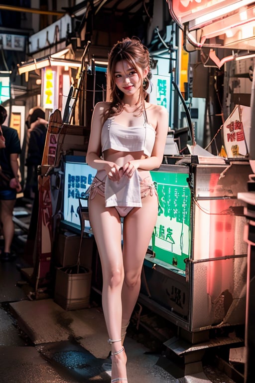 Masterpiece, Best Quality, a full body portrait photograph of a 16yo japanese girl, 1girl, slender type, perfect hand, detailed fingernails, perfect legs, natural skin, long hair, 8k uhd, high quality, film grain, flash, (Fujifilm XT3) ,(clear skin), hkmgdream_girl, sexy face, detail eyes,eyes smile, solo, long legs, long hair, eyes smile, full body shot,, wearing towel, realhands, skirt_lift, (day), neon light, (hands hidden), ((hkmg)),laoliang, high heels, walking 