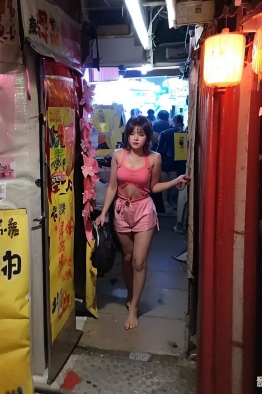 1 girl, wearing camisole, dark corrridor,pink fluorescent tube lighting, ((hk141)), dark environment