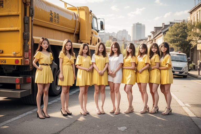 Masterpiece,Best Quality,a full body photograph, multi girls,  ((5 young taiwanese girls)), 16 yo,((standing next to a yellow garbage truck)), show full body and whole truck