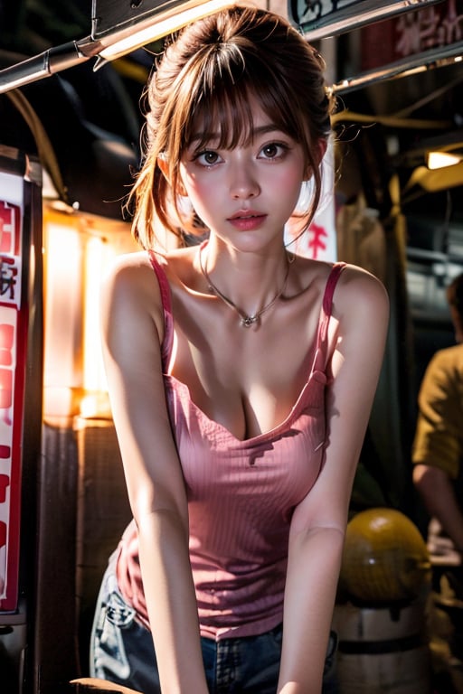 1 girl, wearing low cut camisole, dark corrridor,pink fluorescent tube lighting, ((hk141)), dark environment