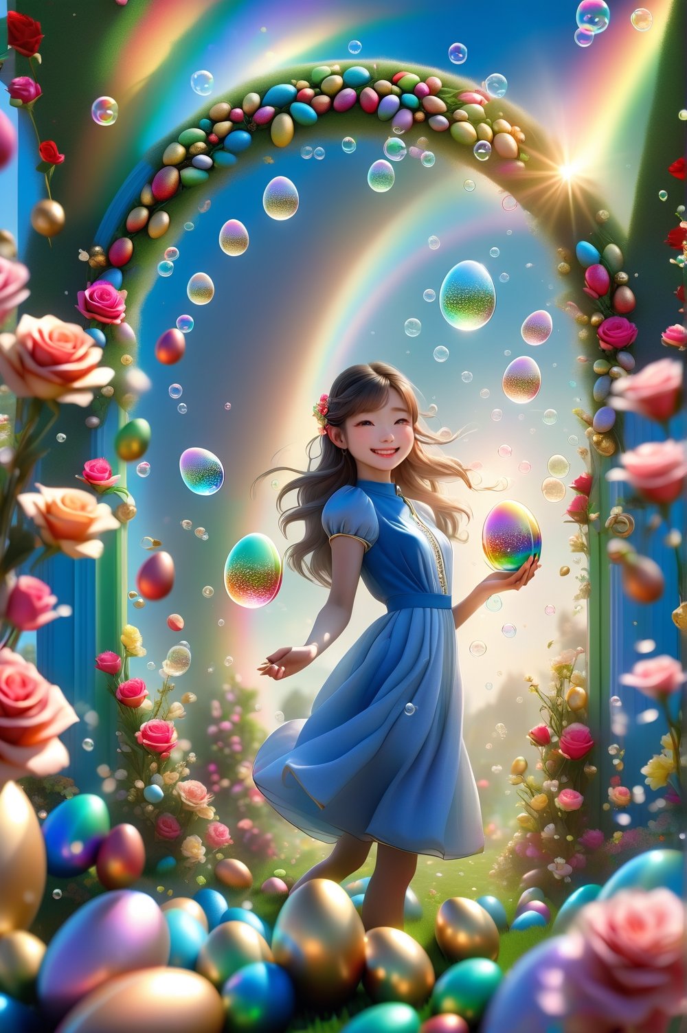 1girl  smiling charmingly, nestled among roses, gifts and golden seeds, framed by a verdant lawn dotted with Easter eggs, against a backdrop of blue skies and rainbow arches with floating soap bubbles, in a charmingly pose, photographed by Miki Asai with macro lens precision, trending on ArtStation with Greg Rutkowski's detailed fantasy style in 9k resolution, sharp focus aperture F 1.5, intricate details, setting studio photography, ultra high
