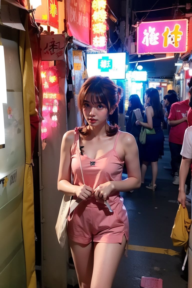 1 girl, wearing camisole and staying in Hk141, dark corrridor,pink fluorescent tube lighting