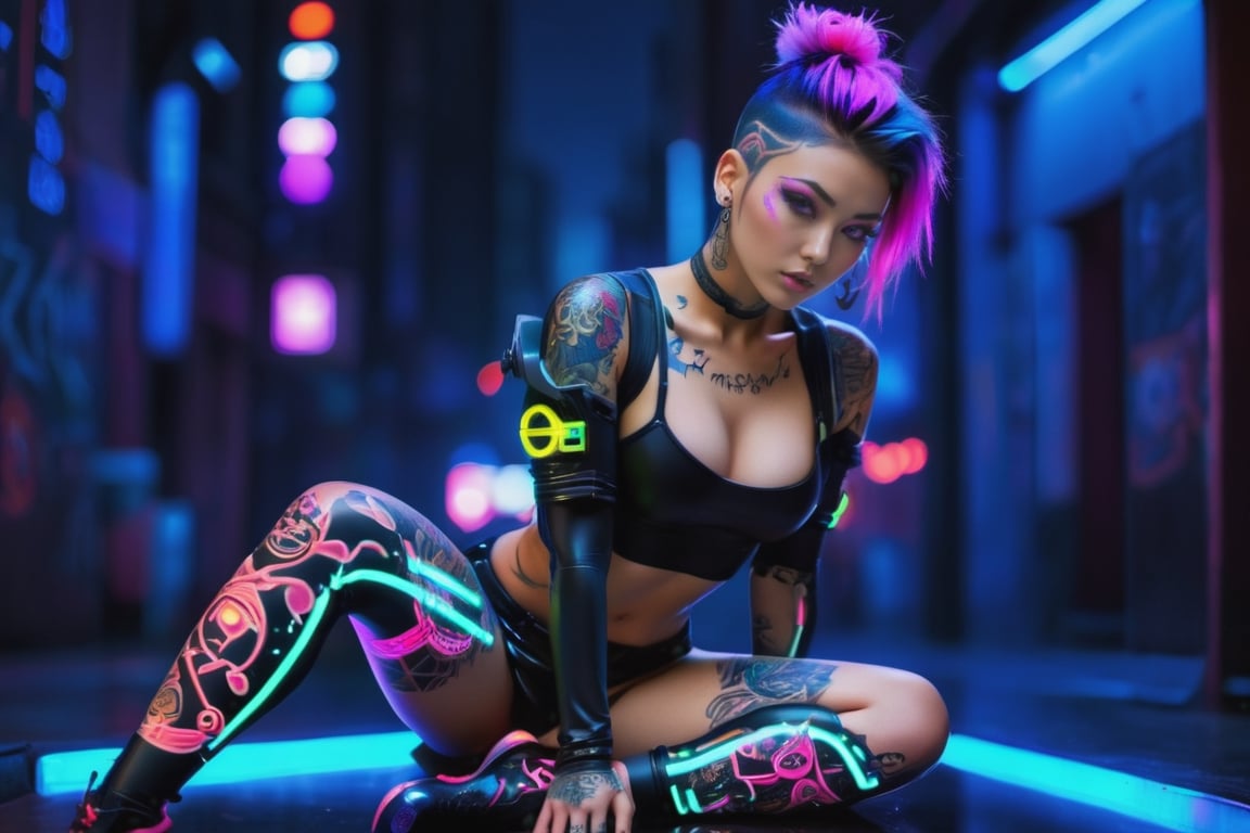 ,(neon light reflections, neon light:2),screenshot 3d movie,masterpiece, best quality, (realistic photo:1.4), art photography, RAW photo, ultra high resolution, 4K, 8k resolution a Japanese young adult woman, (smeared makeup:2), medium-length hair, hair over one eye, messy hair, athletic body, big breasts, (fully tattooed body:2), (fully tattooed arms:2), (fully tattooed legs:2), wearing a (cyberpunk PVC top:2),(neon lights details in clothes:2),(particles  clothes:2), a futuristic  skirt, cyberpunk clothes ,this sitting on a (futuristic bench), she is in a (futuristic city:2), sci-fi, at night