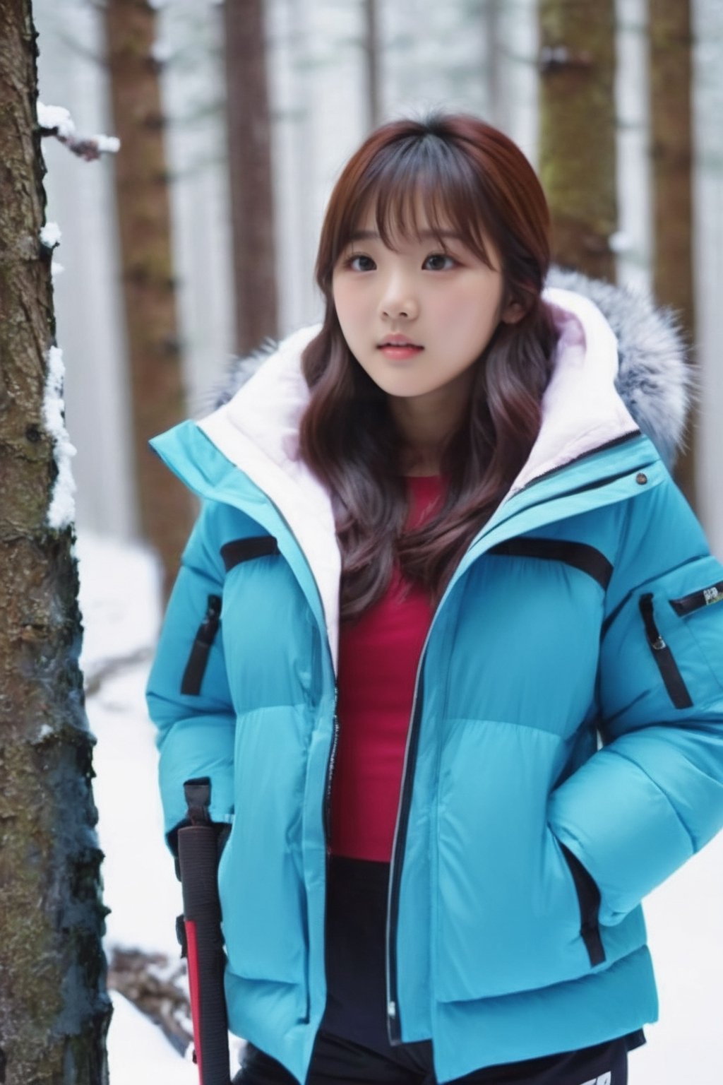 (((In the winter mountain forest with heavy snow))),(looking at the audience),
人物：(((a korean young girl))),
頭髮：(bangs),(long hair),
服飾：(Fully zipped down jacket), (Sports shorts), (Snow boots),