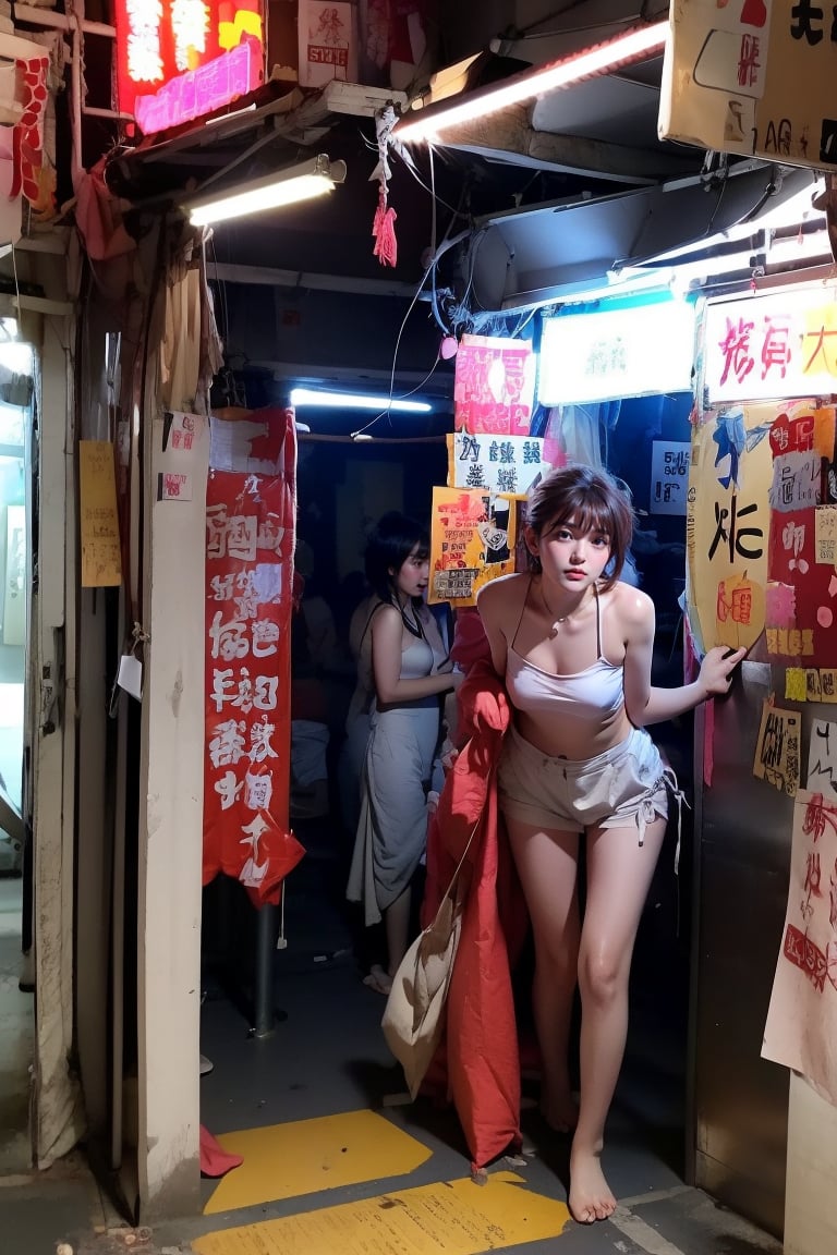 1 girl, wearing camisole and staying in Hk141, dark corrridor,pink fluorescent tube lighting