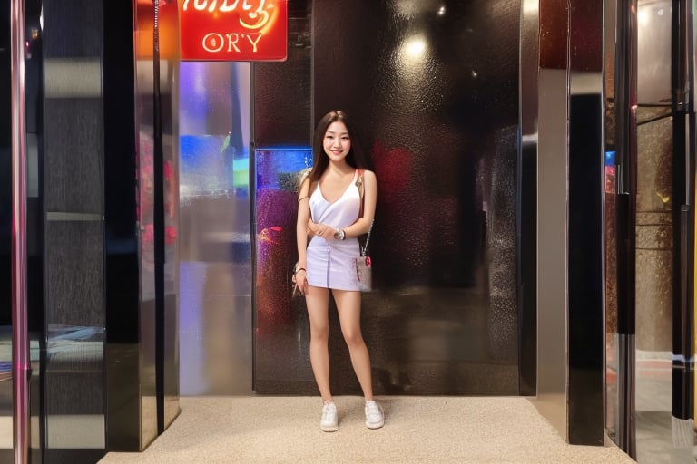 Masterpiece,Best Quality,a full body photograph of multi 16yo Taiwanese girl standing  inside nightclub ,perfect hand,detailed fingernails,perfect legs,natural skin,long hair,8k uhd,high quality,film grain,flash,(Fujifilm XT3),(clear skin),dream_girl,sexy face,detail eyes,eyes smile,solo,long legs,long hair,eyes smile,full body shot,wearing towel,realhands,(night),sexy pose,(hands hidden),rld,, standing at entrance of nightclub,  pubic indecency, entrance, view from outside
