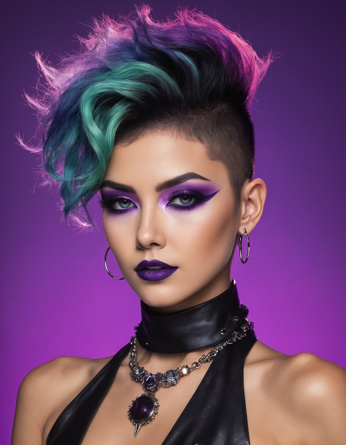 (Neeko:1.2), asymmetrical hair with shaved sides and a purple hue, dark eyeshadow, smokey eyes with hints of black and purple and black lipstick, kneelength dress with a blazerstyle top, spiked choker and a studded leather harness, confident and playful demeanor with a rebellious edge, (perfect dreamy eyes), ((colorful abstract pop art background)), (scattered wisps of magical energy), light refractions, floating dust particles