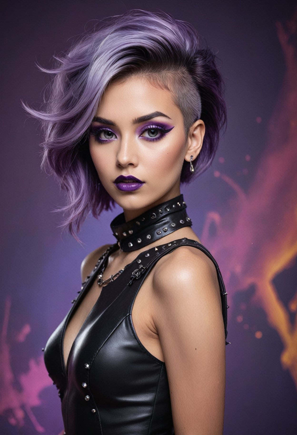 (Neeko:1.2), asymmetrical hair with shaved sides and a purple hue, dark eyeshadow, smokey eyes with hints of black and purple and black lipstick, kneelength dress with a blazerstyle top, spiked choker and a studded leather harness, confident and playful demeanor with a rebellious edge, (perfect dreamy eyes), ((colorful abstract pop art background)), (scattered wisps of magical energy), light refractions, floating dust particles