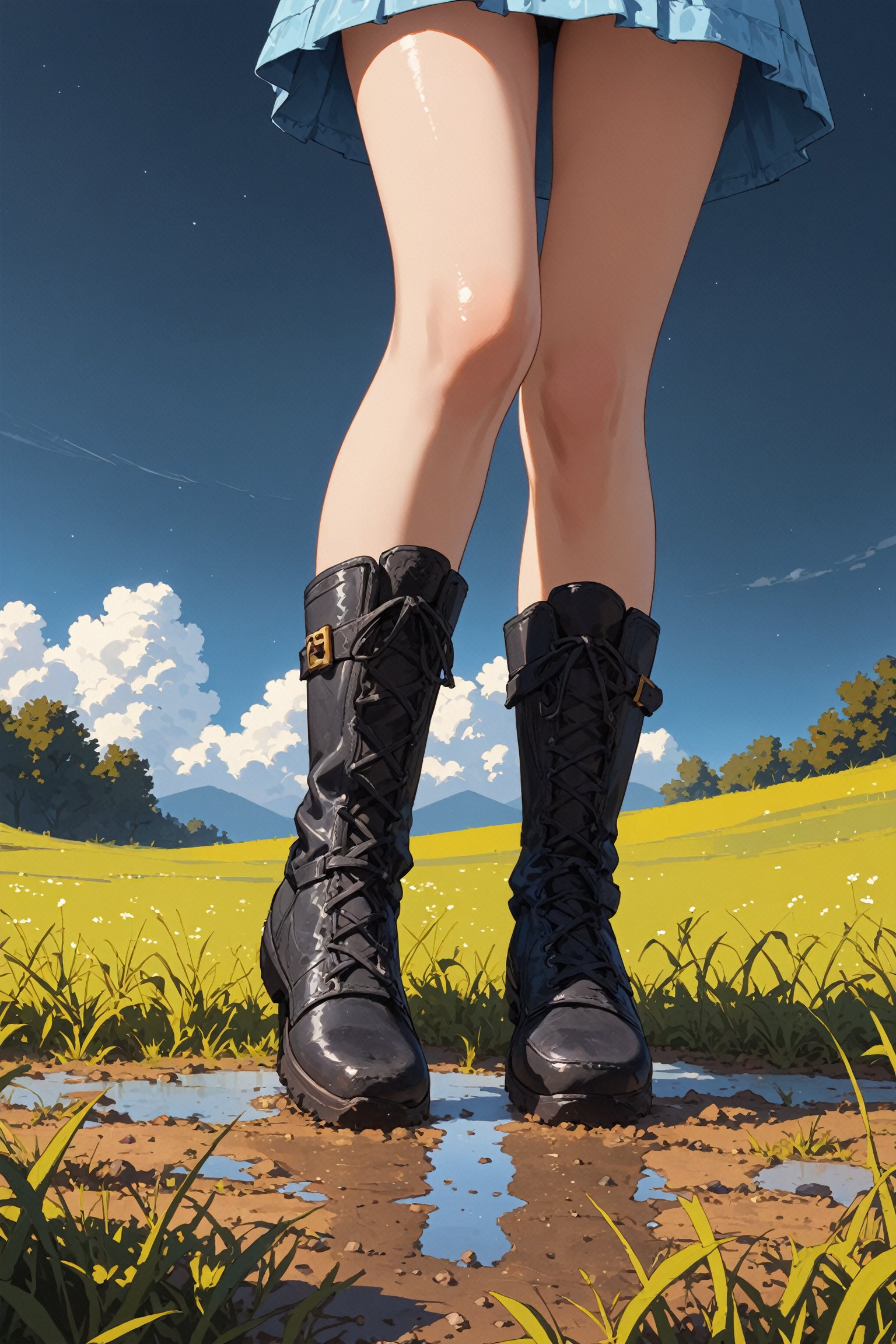 score_9, score_8_up, score_7_up, Maho Nishizumi, wearing a (pastel) raincoat and (intricately detailed thigh high black boots with large buckles), mid air still frame, jumping into puddles on a dirt path, the path travels through a grassy field, view from a low side angle, sunny skies with gray rain clouds overhead, overcast, (translucent rainbow in the distance), focus on embellishments on black boots, close up of jumping into a puddle