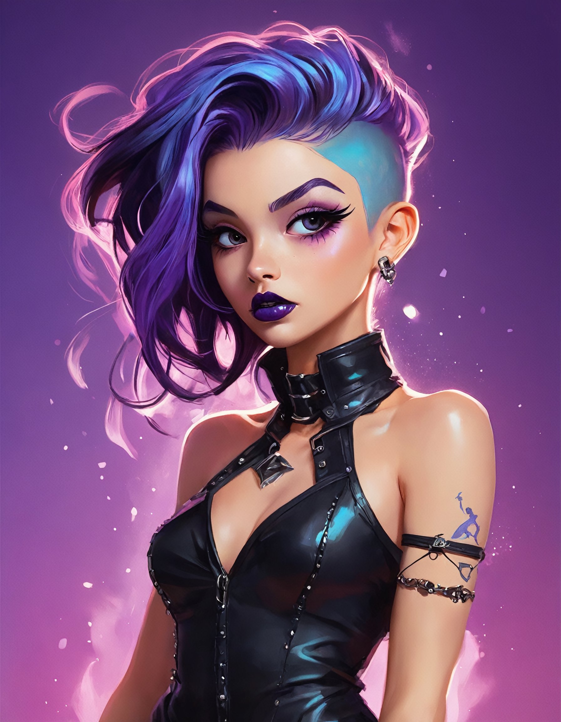 (Neeko:1.2), asymmetrical hair with shaved sides and a purple hue, dark eyeshadow, smokey eyes with hints of black and purple and black lipstick, kneelength dress with a blazerstyle top, spiked choker and a studded leather harness, confident and playful demeanor with a rebellious edge, (perfect dreamy eyes), ((colorful abstract pop art background)), (scattered wisps of magical energy), light refractions, floating dust particles