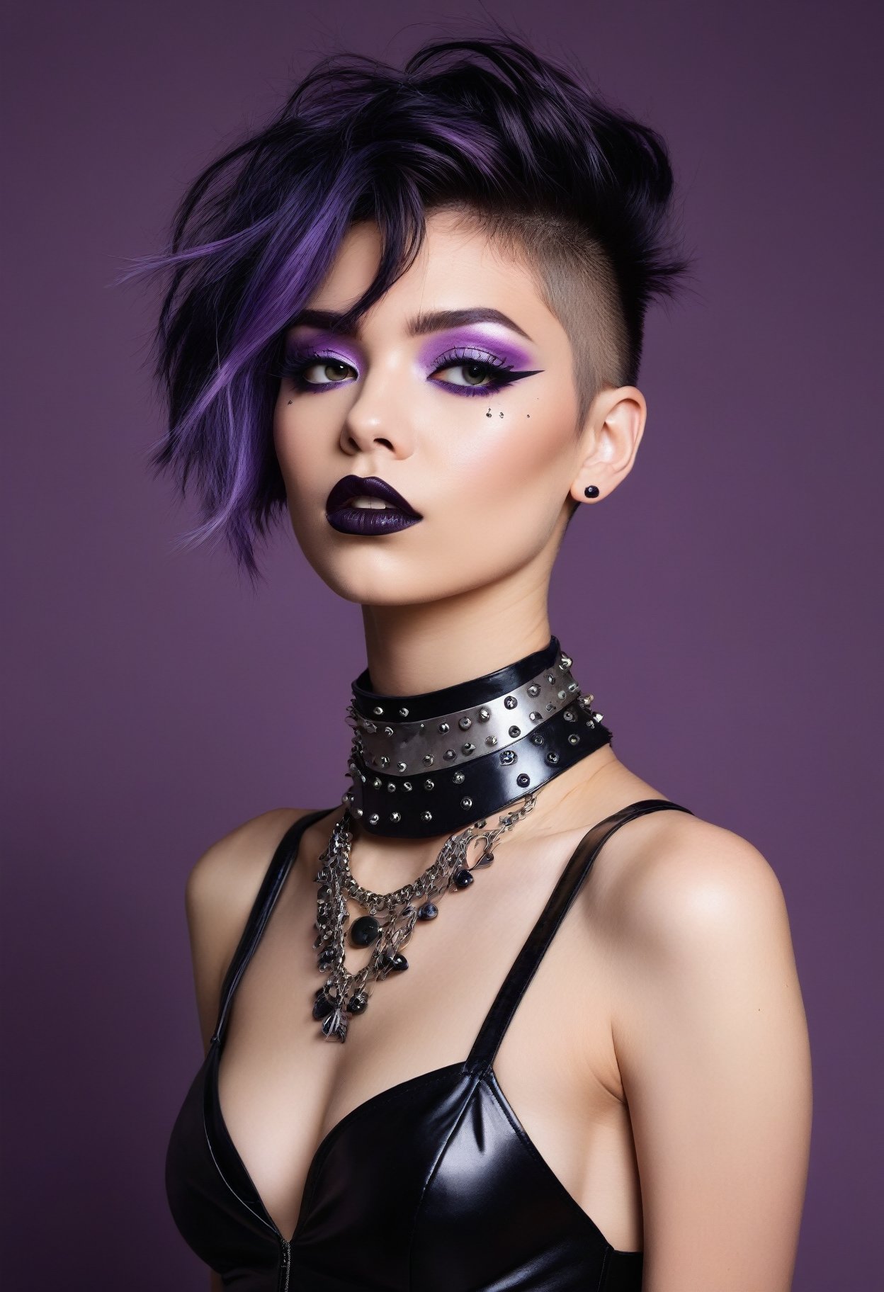 (Neeko:1.2), asymmetrical hair with shaved sides and a purple hue, dark eyeshadow, smokey eyes with hints of black and purple and black lipstick, kneelength dress with a blazerstyle top, spiked choker and a studded leather harness, confident and playful demeanor with a rebellious edge, (perfect dreamy eyes), ((colorful abstract pop art background)), (scattered wisps of magical energy), light refractions, floating dust particles