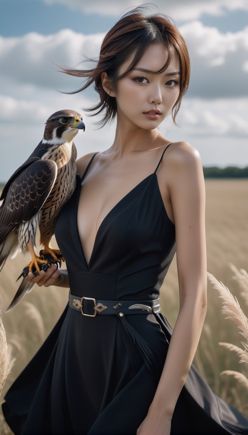 Stunning and beautiful Japanese super model (with a falcon r:2), at the great field, 
Wearing black mini cocktail dress, cleavage, messy short hair, falcon trainer,
18mm lens, zoom out, wide angle,
photo-realistic, masterpiece, soothing tones, 8k resolution, concept art of detailed character design, cinema concept, cinematic lighting, cinematic look, calming tones, incredible details, intricate details, hyper detail, Fuji Superia 400,
stylish, elegant, breathtaking, mysterious, fascinating, curiously complete face, elegant, gorgeous, 
ART by Esao Andrews style, by Greg Rutkowski Repin artstation style, by Wadim Kashin style, by Konstantin Razumov style, Tim burton style, dark gothic style, 
,aesthetic portrait, cinematic moviemaker style, 