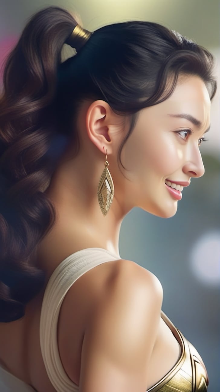 Very (detailed) illustration of a ((best quality)), ((masterpiece)), mesmerizing and alluring female model, confident smile, playful smirk, looking back at viewer, (high ponytail):1.4, (view from her back):1.5, small earrings, necklaces, detailed eyes, glossy skin, very sexy pose, hourglass_figure, natural huge breasts, high contrast, [colorful], [full body], rule of thirds, cinematic lighting, detailmaster2, kwon-nara-xl,wonder-woman-xl